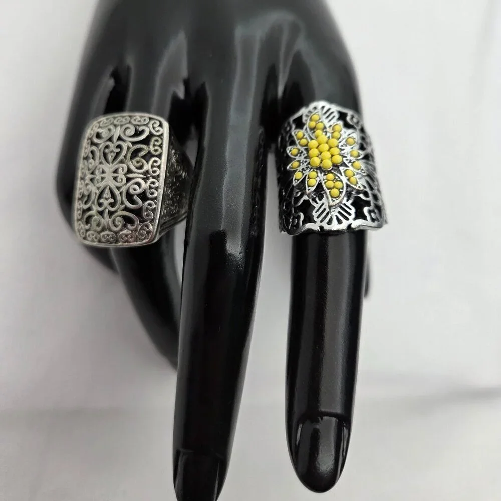 Set of 2 Vintage Silver-Tone Statement Rings - Boho Filigree & Floral